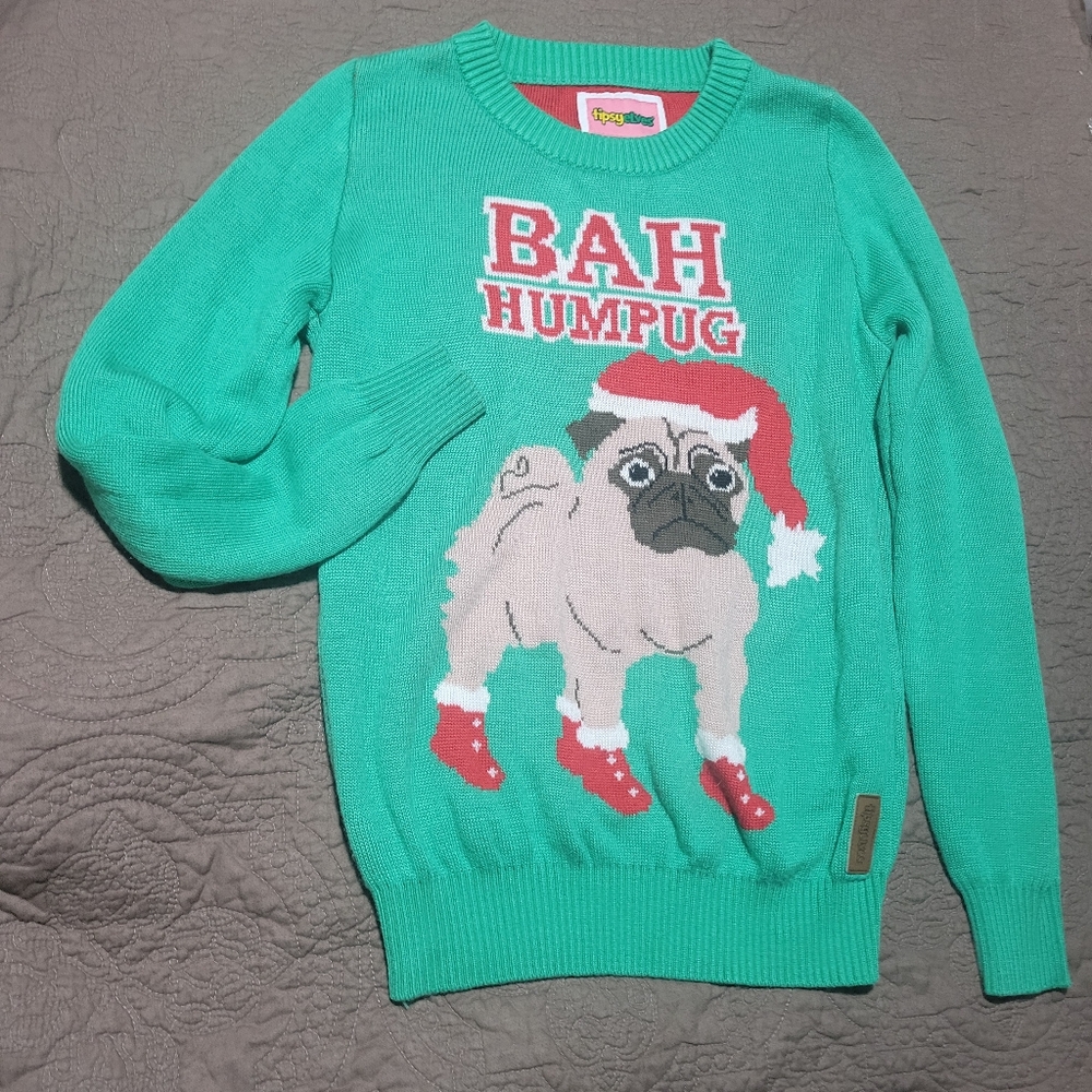 Scrooge Bah Hum Pug Crew Neck Christmas Sweater, M
